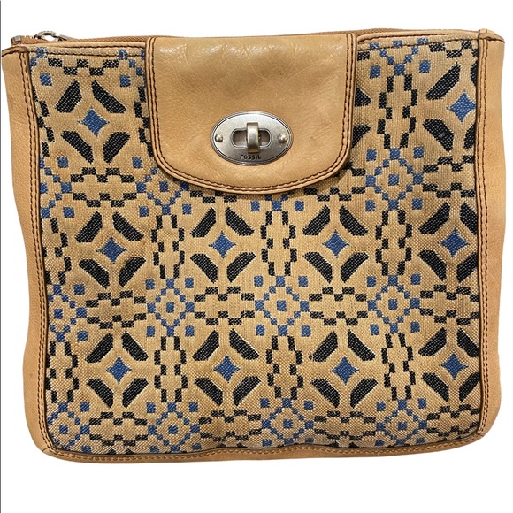 VTG Fossil Crossbody Bag Purse Natural Leather Textile Cowhide Blue 10”X 10.5” - Picture 3 of 14